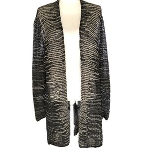 Eileen Fisher Cardigan Sweater XL Black Ivory Open Front Sheer Lightweight Knit